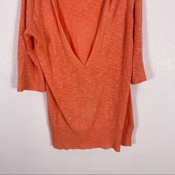 Eileen Fisher Orange Linen and Cotton Blend Hooded 3/4 Length Sleeve V Neck Top - Picture 4 of 7